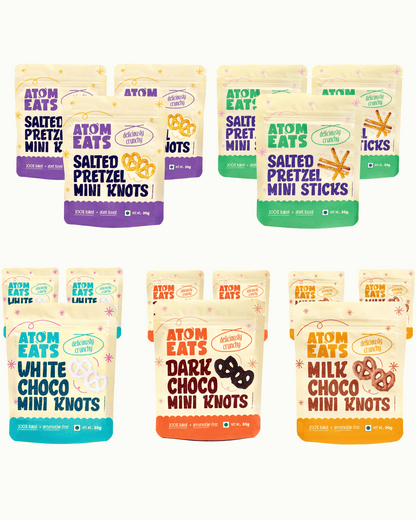 Pretzel Value Pack by Atom Eats | 3 x Salted Pretzels Knots and Sticks | 3 x Dark, Milk and White Choco Pretzels, Pack Of 15