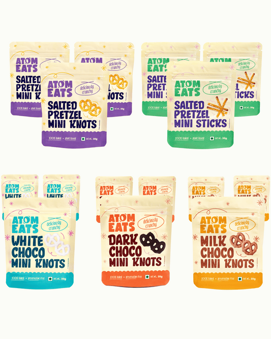 Pretzel Value Pack by Atom Eats | 3 x Salted Pretzels Knots and Sticks | 3 x Dark, Milk and White Choco Pretzels, Pack Of 15